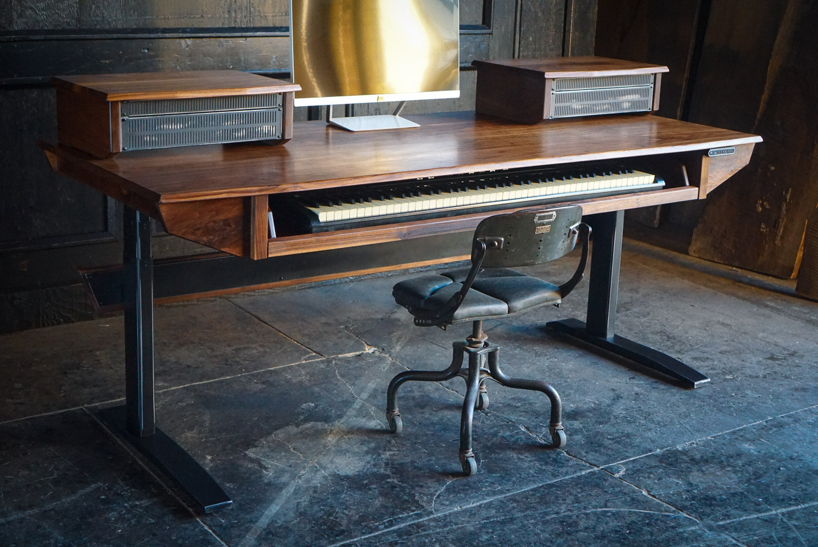 Monkwood Studio Desk in walnut sit stand