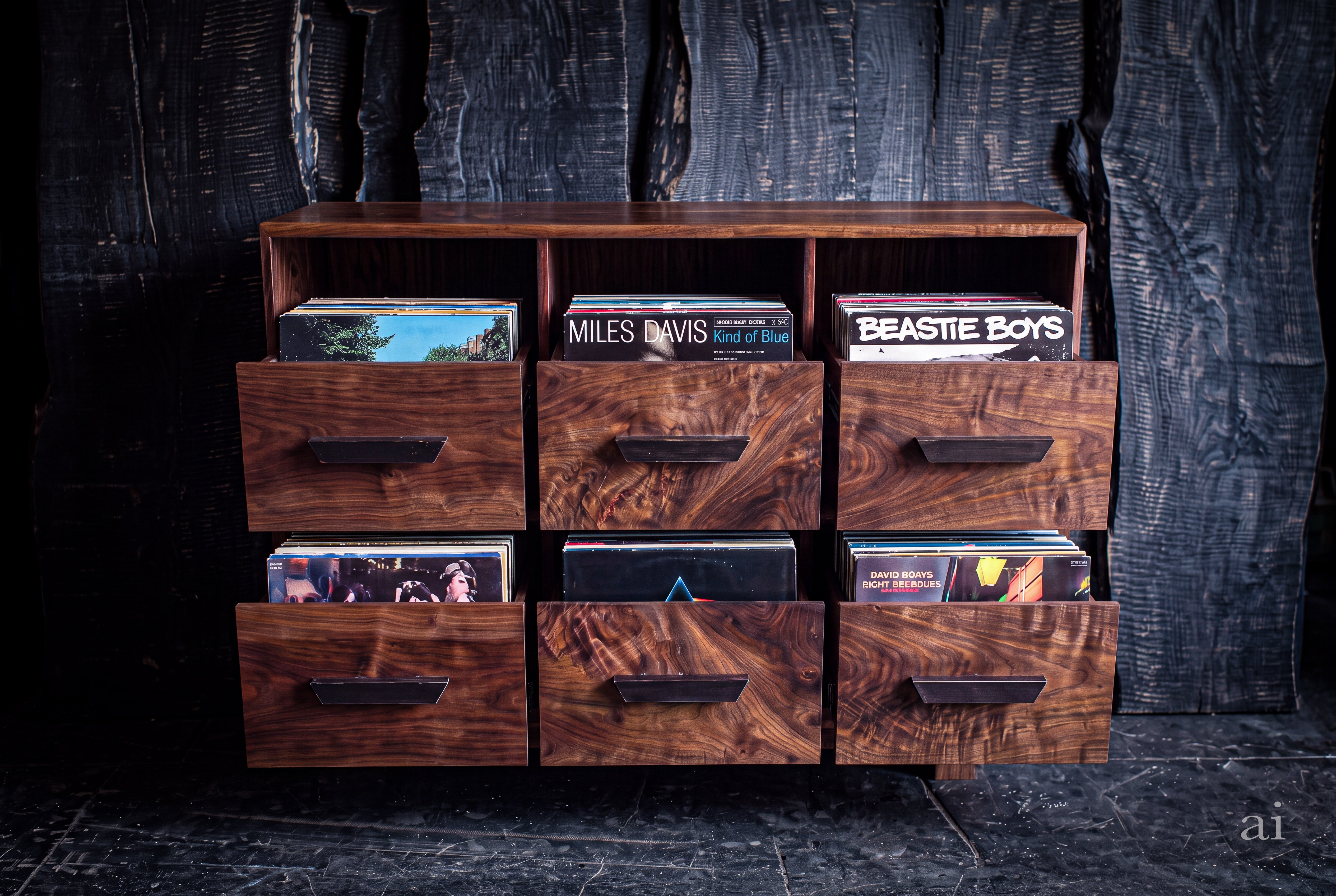 A rustic wooden record storage cabinet with nine drawers, some open to reveal vinyl records inside, set against a dark wood plank background.